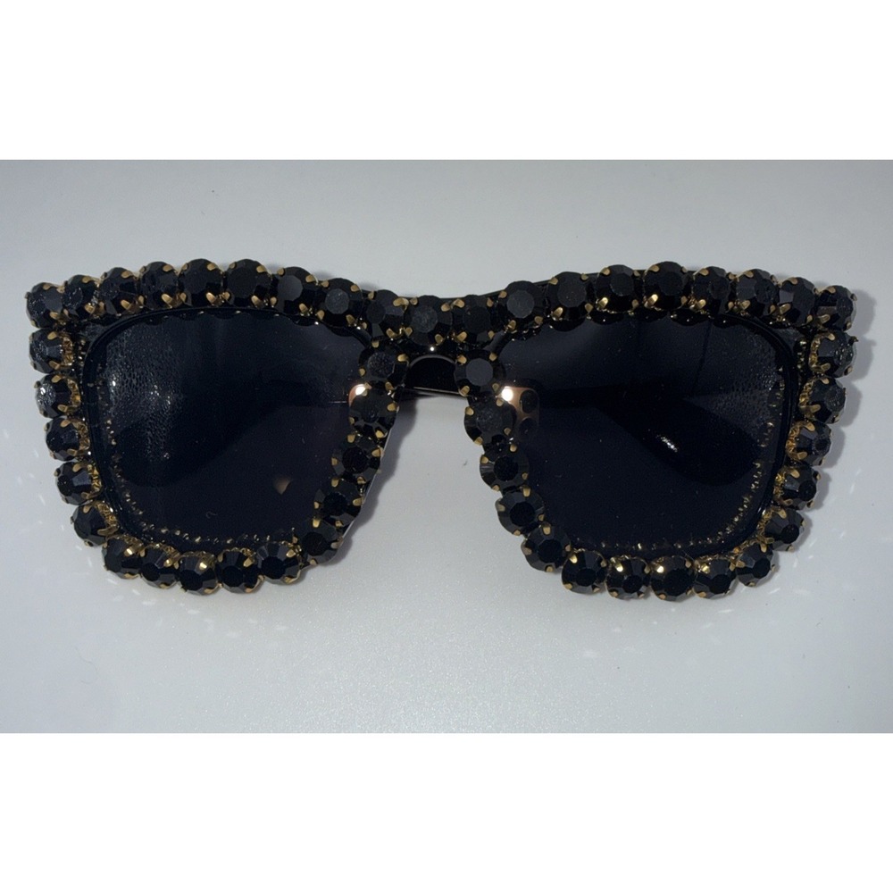OVERSIZED Square Black & Gold Crystal Studded Sunglasses Black Frame Hand Made - Picture 4 of 4